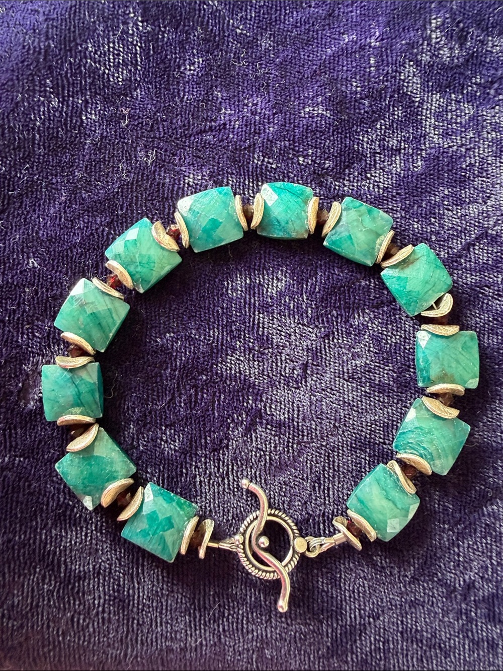 Vintage 925 sterling silver bracelet with  green emerald stones, handmade, 7.5”